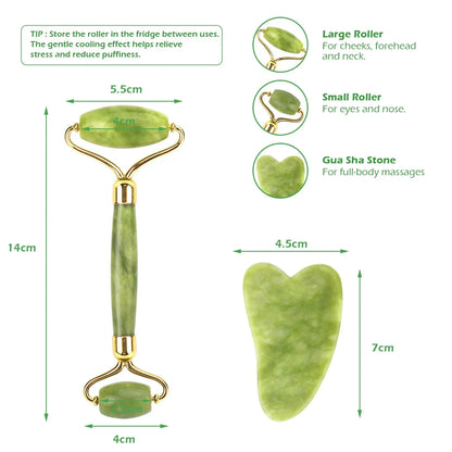 1 Gua Sha Scraper & 1 Jade Stone Roller in Rose, Green & Black Quartz for Face & Body