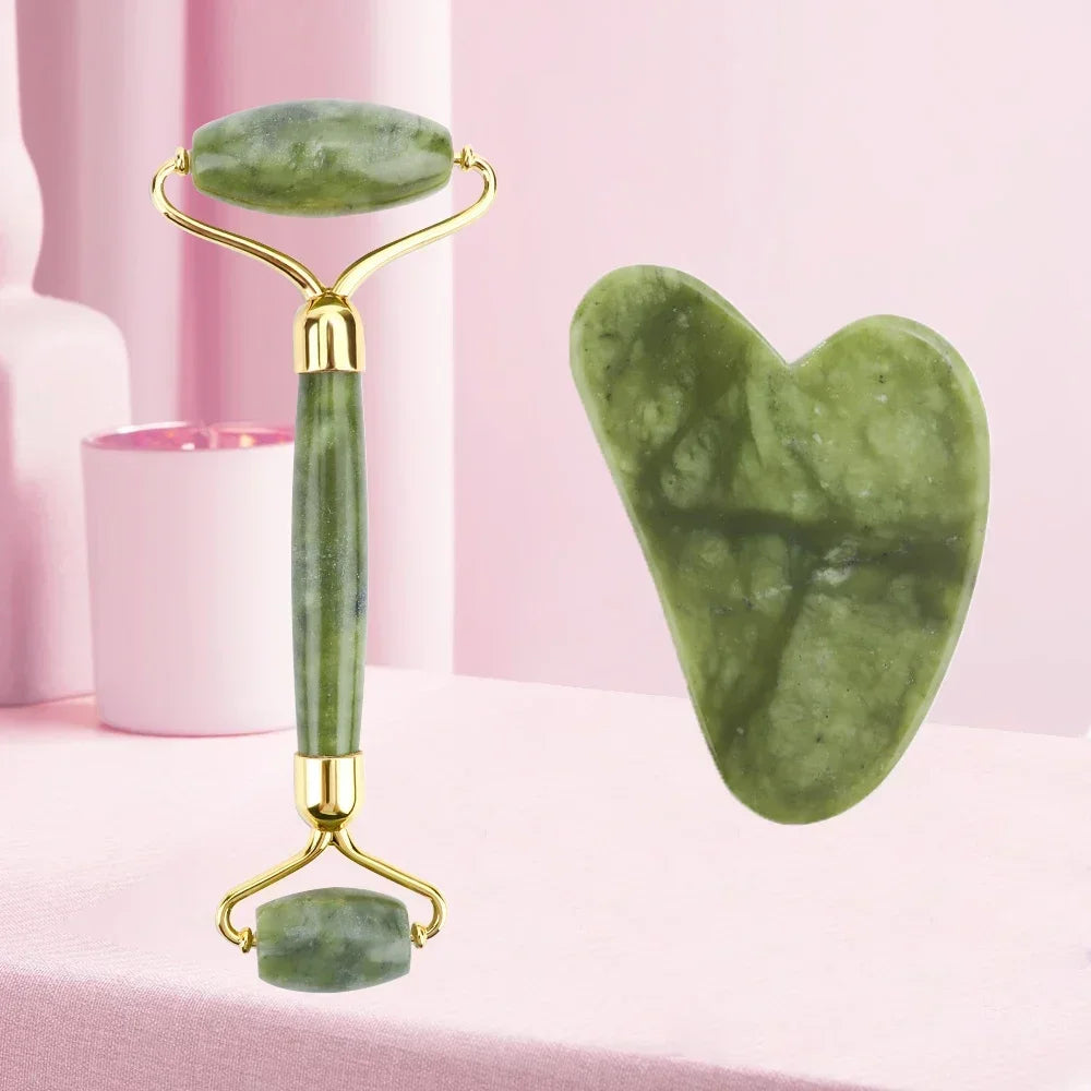 1 Gua Sha Scraper & 1 Jade Stone Roller in Rose, Green & Black Quartz for Face & Body