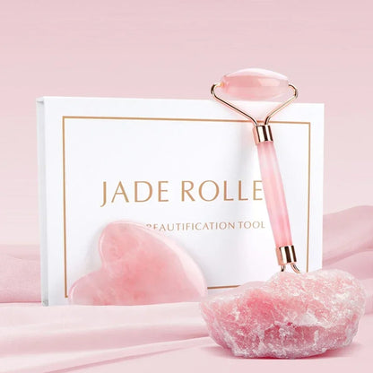 1 Gua Sha Scraper & 1 Jade Stone Roller in Rose, Green & Black Quartz for Face & Body