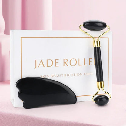 1 Gua Sha Scraper & 1 Jade Stone Roller in Rose, Green & Black Quartz for Face & Body