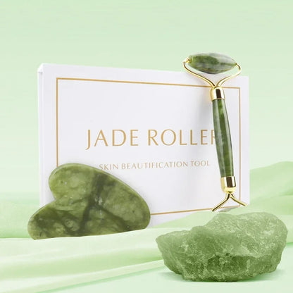 1 Gua Sha Scraper & 1 Jade Stone Roller in Rose, Green & Black Quartz for Face & Body